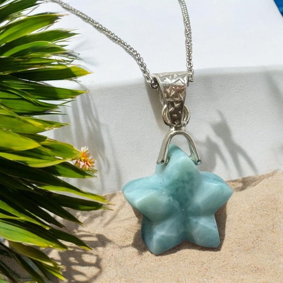 Larimar Gemstone Necklace , Reversible Hand Carved Larimar Star Necklace, Bohemian Jewelry, Dominican Republic Larimar Necklace