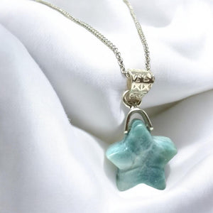 Larimar Star Shape Necklace, Atlantis Healing Stone Necklace, Silver Bohemian Jewelry, Dominican Republic Larimar Jewelry Gifts, 1.25”x0.60”