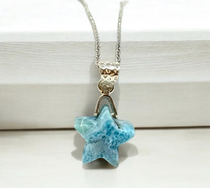 Larimar Necklace, Atlantis Healing Stone Necklace, Silver Bohemian Jewelry, Dominican Republic Larimar Star Jewelry Gifts, 1.25”x0.65”