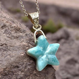 Healing Stone Larimar Necklace, Atlantis Stone Jewelry, Silver Bohemian Jewelry, Dominican Republic Larimar Star Jewelry Gifts, 1.25”x0.65”