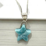 Healing Stone Larimar Necklace, Atlantis Stone Jewelry, Silver Bohemian Jewelry, Dominican Republic Larimar Star Jewelry Gifts, 1.25”x0.65”