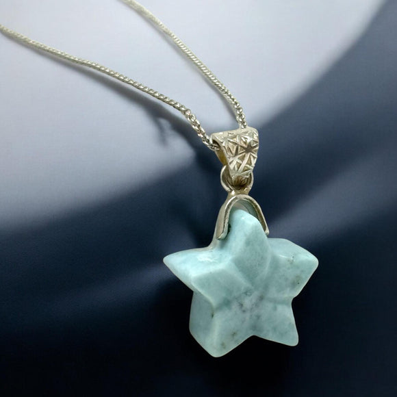 Larimar Gemstone Necklace, Hand Carved Larimar Star Necklace, Bohemian Jewelry, Dominican Republic Larimar Necklace, 1.25” x 0.75”