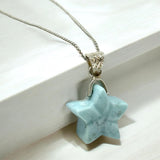 Larimar Gemstone Necklace, Hand Carved Larimar Star Necklace, Bohemian Jewelry, Dominican Republic Larimar Necklace, 1.25” x 0.75”