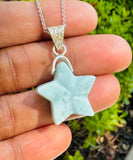 Larimar Gemstone Necklace, Hand Carved Larimar Star Necklace, Bohemian Jewelry, Dominican Republic Larimar Necklace, 1.25” x 0.75”