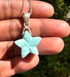 Larimar Gemstone Necklace, Hand Carved Larimar Star Necklace, Bohemian Jewelry, Dominican Republic Larimar Necklace, 1.30”x 0.75”