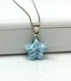 Larimar Gemstone Necklace, Hand Carved Larimar Star Silver Necklace, AAA Grade Natural Dominican Republic Larimar Jewelry, 1.25” x 0.65”