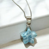 Larimar Gemstone Necklace, Hand Carved Larimar Star Silver Necklace, AAA Grade Natural Dominican Republic Larimar Jewelry, 1.25” x 0.65”