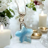 Larimar Star Shape Necklace, Atlantis Healing Stone Necklace, Silver Bohemian Jewelry, Dominican Republic Larimar Jewelry Gifts, 1.25”x0.60”
