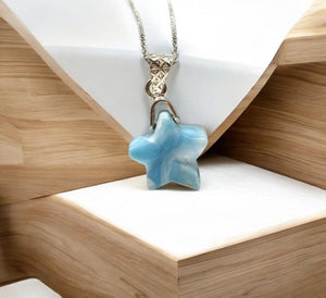 Larimar Star Shape Necklace, Atlantis Healing Stone Necklace, Silver Bohemian Jewelry, Dominican Republic Larimar Jewelry Gifts, 1.25”x0.60”