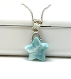 Larimar Star Shape Necklace, Atlantis Healing Stone Necklace, Silver Bohemian Jewelry, Dominican Republic Larimar Jewelry Gifts, 1.25”x0.60”