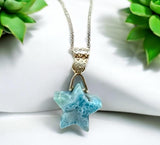 Larimar Necklace, Atlantis Healing Stone Necklace, Silver Bohemian Jewelry, Dominican Republic Larimar Star Jewelry Gifts, 1.25”x0.65”