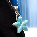 Healing Stone Larimar Necklace, Atlantis Stone Jewelry, Silver Bohemian Jewelry, Dominican Republic Larimar Star Jewelry Gifts, 1.25”x0.65”
