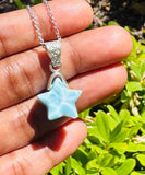 Larimar Gemstone Necklace, Hand Carved Larimar Star Necklace, Bohemian Jewelry Gifts, Dominican Republic Larimar Necklace, 1.15” x 0.60”