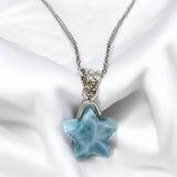 Larimar Gemstone Necklace, Hand Carved Larimar Star Necklace, Bohemian Jewelry Gifts, Dominican Republic Larimar Necklace, 1.15” x 0.60”