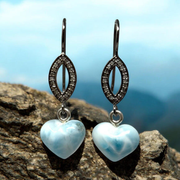 Genuine Larimar Heart Earrings, Natural Pave Diamond Sterling Silver Gemstone Earrings, Dominican Republic Dangle Earrings, Gifts for Her