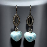 Genuine Larimar Heart Earrings, Natural Pave Diamond Sterling Silver Gemstone Earrings, Dominican Republic Dangle Earrings, Gifts for Her