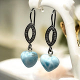 Genuine Larimar Heart Earrings, Natural Pave Diamond Sterling Silver Gemstone Earrings, Dominican Republic Dangle Earrings, Gifts for Her