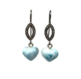 Genuine Larimar Heart Earrings, Natural Pave Diamond Sterling Silver Gemstone Earrings, Dominican Republic Dangle Earrings, Gifts for Her