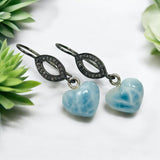 Genuine Larimar Heart Earrings, Natural Pave Diamond Sterling Silver Gemstone Earrings, Dominican Republic Dangle Earrings, Gifts for Her