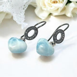 Genuine Larimar Heart Earrings, Natural Pave Diamond Sterling Silver Gemstone Earrings, Healing Stone Dominican Republic Dangle Earrings