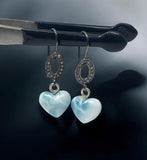 Genuine Larimar Heart Earrings, Natural Pave Diamond Sterling Silver Gemstone Earrings, Healing Stone Dominican Republic Dangle Earrings