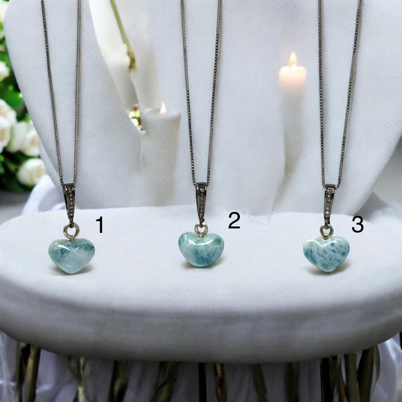 Larimar Heart Pendant Necklace, Healing Stone Jewelry, Silver Bohemian Jewely, Dominican Republic Larimar Pave Diamond Gemstone Necklace