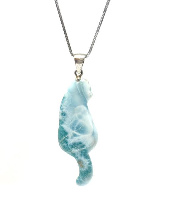 Reversible Larimar Cat Pendant Necklace, Larimar Necklace, Dominican Republic Larimar Pendant Healing Stone Jewelry Gifts, Cat Lover Gifts