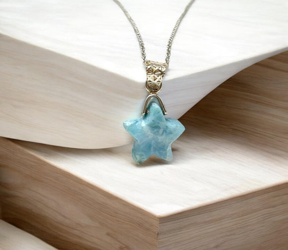 Larimar Gemstone Necklace, Atlantis Healing Stone Necklace, Sterling Silver Dominican Republic Larimar Jewelry Gifts, 1.25”x0.60”