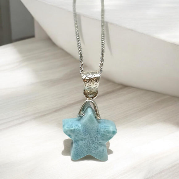 Larimar Necklace, Atlantis Healing Stone Jewelry, Silver Bohemian Jewelry, Dominican Republic Larimar Star Jewelry Gifts, 1.25”x0.75”