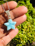 Larimar Gemstone Necklace, Hand Carved Larimar Star Necklace, Bohemian Jewelry Gifts, Dominican Republic Larimar Necklace, 1.30” x 0.75”