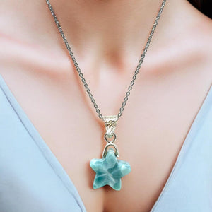 Larimar Gemstone Necklace, Hand Carved Larimar Star Necklace, Bohemian Jewelry Gifts, Dominican Republic Larimar Necklace, 1.25” x 0.65”