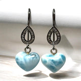 Genuine Larimar Heart Earrings, Natural Pave Diamond Sterling Silver Gemstone Earrings, Dominican Republic Dangle Earrings, Gifts for Her