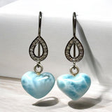 Genuine Larimar Heart Earrings, Natural Pave Diamond Sterling Silver Gemstone Earrings, Dominican Republic Dangle Earrings, Gifts for Her