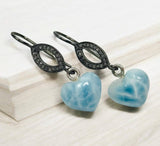 Genuine Larimar Heart Earrings, Natural Pave Diamond Sterling Silver Gemstone Earrings, Dominican Republic Dangle Earrings, Gifts for Her