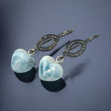 Genuine Larimar Heart Earrings, Natural Pave Diamond Sterling Silver Gemstone Earrings, Dominican Republic Dangle Earrings, Gifts for Her