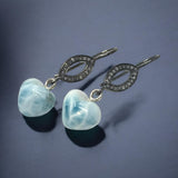 Genuine Larimar Heart Earrings, Natural Pave Diamond Sterling Silver Gemstone Earrings, Dominican Republic Dangle Earrings, Gifts for Her