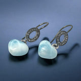 Genuine Larimar Heart Earrings, Natural Pave Diamond Sterling Silver Gemstone Earrings, Healing Stone Dominican Republic Dangle Earrings