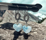 Genuine Larimar Heart Earrings, Natural Pave Diamond Sterling Silver Gemstone Earrings, Healing Stone Dominican Republic Dangle Earrings