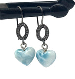 Genuine Larimar Heart Earrings, Natural Pave Diamond Sterling Silver Gemstone Earrings, Healing Stone Dominican Republic Dangle Earrings
