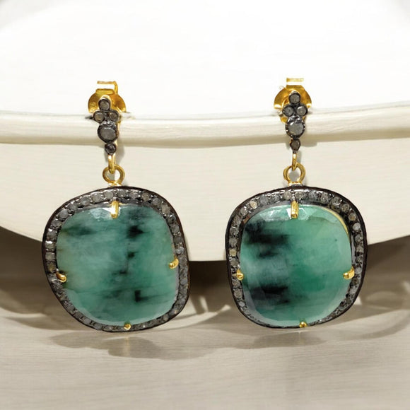 Genuine Pave Diamond Emerald Earrings, Emerald Earrings, Gifts for Her