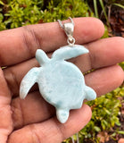 Rare Large Larimar Turtle Pendant Necklace , Silver Bohemian Jewelry, Dominican Republic Larimar Necklace Gifts for Her, 2”x1.5”