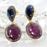 Pave Diamond Ruby and Blue Sapphire Earrings, Gemstone Earrings, Victorian Jewelry
