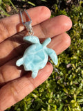 Larimar Turtle Pendant Necklace , Silver Bohemian Jewelry, Dominican Republic Larimar Necklace Gifts for Her, 1.60"x 1.25”