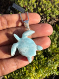 Larimar Turtle Pendant Necklace , Silver Bohemian Jewelry, Dominican Republic Larimar Necklace Gifts for Her, 1.60"x 1.25”