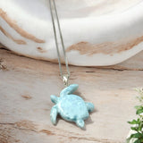 Rare Large Larimar Turtle Pendant Necklace , Silver Bohemian Jewelry, Dominican Republic Larimar Necklace Gifts for Her, 2”x1.5”