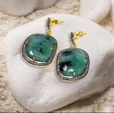 Genuine Pave Diamond Emerald Earrings, Emerald Earrings, Gifts for Her