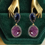 Pave Diamond Ruby and Blue Sapphire Earrings, Gemstone Earrings, Victorian Jewelry