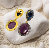 Pave Diamond Ruby and Blue Sapphire Earrings, Gemstone Earrings, Victorian Jewelry