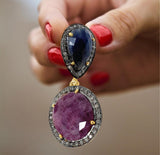 Pave Diamond Ruby and Blue Sapphire Earrings, Gemstone Earrings, Victorian Jewelry