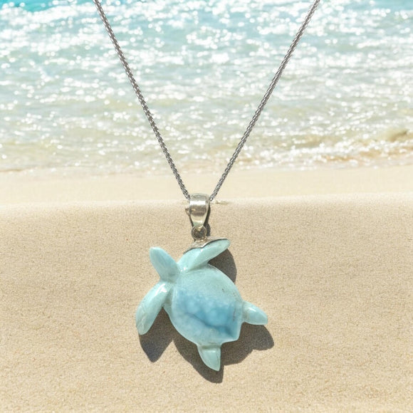 Larimar Sea Turtle Tortoise Pendant Necklace , Silver Bohemian Jewelry, Dominican Republic Larimar Necklace Gifts for Her, 1.75